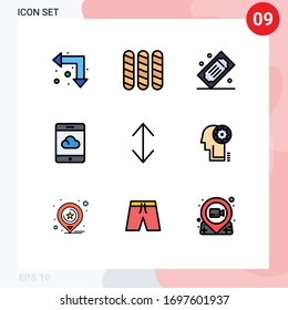 9 User Interface Filledline Flat Color Pack of modern Signs and Symbols of scale; arrow; movie raffle; smartphone; backup Editable Vector Design Elements
