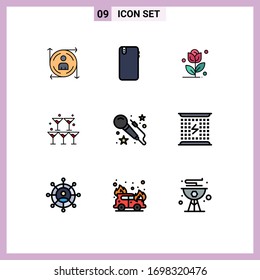 9 User Interface Filledline Flat Color Pack of modern Signs and Symbols of mic; wedding; back; heart; glass Editable Vector Design Elements