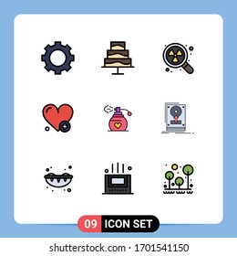 9 User Interface Filledline Flat Color Pack of modern Signs and Symbols of install; love; radioactive; perfume; heartbeat Editable Vector Design Elements