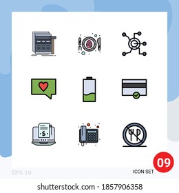 9 User Interface Filledline Flat Color Pack of modern Signs and Symbols of battery; love; scramble; like; circle Editable Vector Design Elements