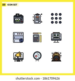 9 User Interface Filledline Flat Color Pack of modern Signs and Symbols of education; calculator; call; pen; server Editable Vector Design Elements