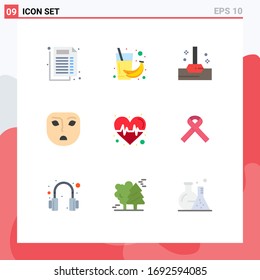 9 User Interface Flat Color Pack of modern Signs and Symbols of science; beat; mop; pulse; emotion Editable Vector Design Elements