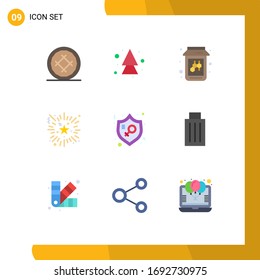 9 User Interface Flat Color Pack of modern Signs and Symbols of justice; night party; direction; fireworks; event Editable Vector Design Elements