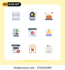9 User Interface Flat Color Pack of modern Signs and Symbols of optimization; development; strawberry; cogwheels; food Editable Vector Design Elements