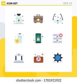 9 User Interface Flat Color Pack of modern Signs and Symbols of juice; diet; portfolio; bottle; sun Editable Vector Design Elements