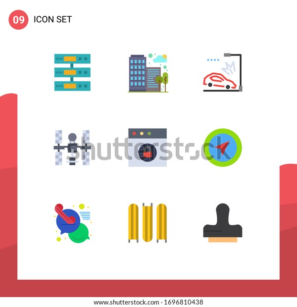 9 User Interface Flat Color Pack of modern Signs\
and Symbols of space; platform; office; orbital; lamppost Editable\
Vector Design Elements