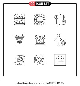 9 User Interface Outline Pack of modern Signs and Symbols of sweet home; home; mouse; security; lock Editable Vector Design Elements