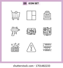 9 User Interface Outline Pack of modern Signs and Symbols of view; book; shop; knowledge; tool Editable Vector Design Elements