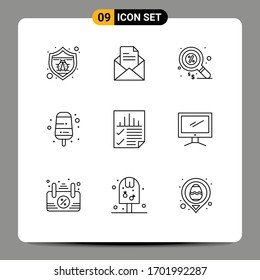 9 User Interface Outline Pack of modern Signs and Symbols of page; data; duty; ice cream; cream Editable Vector Design Elements
