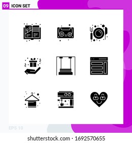 9 User Interface Solid Glyph Pack of modern Signs and Symbols of children; amusement; eat; hand party; birthday Editable Vector Design Elements