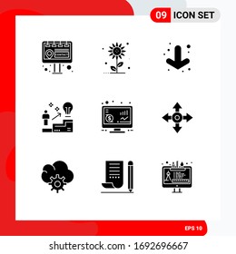 9 User Interface Solid Glyph Pack of modern Signs and Symbols of seo; investment; down; solution; user Editable Vector Design Elements