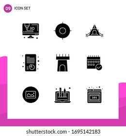 9 User Interface Solid Glyph Pack of modern Signs and Symbols of schedule; castle; nature; beach; report Editable Vector Design Elements