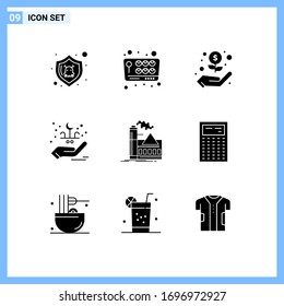 9 User Interface Solid Glyph Pack of modern Signs and Symbols of air; pollution; hand; celebration; lettering Editable Vector Design Elements