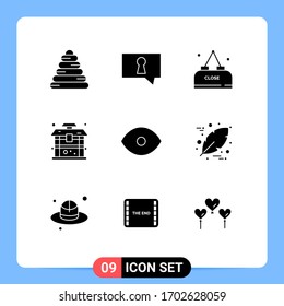 9 User Interface Solid Glyph Pack of modern Signs and Symbols of vision; face; meal; eye; china Editable Vector Design Elements