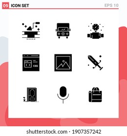9 User Interface Solid Glyph Pack of modern Signs and Symbols of image; develop; gauge; css; code Editable Vector Design Elements