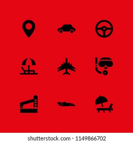 9 vacation icons in vector set. maps and flags, swimming pool, vacations and sunbed illustration for web and graphic design