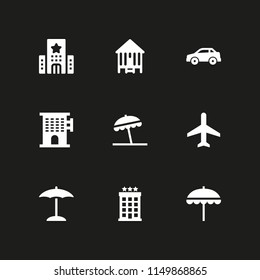 9 vacation icons in vector set. airplane, camping, hotel and beach illustration for web and graphic design