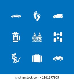 9 vacation icons in vector set. suitcase, car, backpack and human footprints illustration for web and graphic design