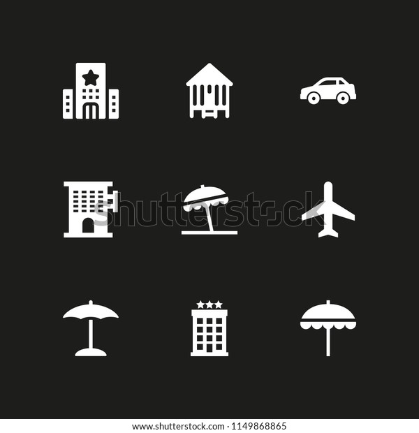 9 vacation icons\
in vector set. airplane, camping, hotel and beach illustration for\
web and graphic design