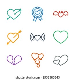 9 valentine icons. Trendy valentine icons white background. Included outline icons such as heart, heart balloons, broken heart, with arrow. valentine icon for web and mobile.