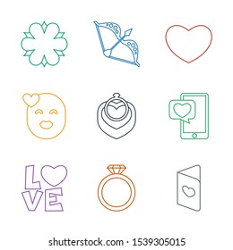 9 valentine icons. Trendy valentine icons white background. Included line icons such as love card, ring, love word, phone with heart, ring in box. valentine icon for web and mobile.