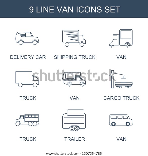 9 van icons. Trendy van
icons white background. Included line icons such as delivery car,
shipping truck, truck, cargo truck, trailer. van icon for web and
mobile.