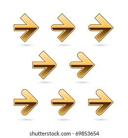 9 variations gold arrow web 2.0 icons. Metal shapes with shadow on white background