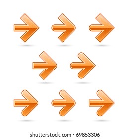 9 variations orange arrow web 2.0 icons. Glossy shapes with shadow on white background