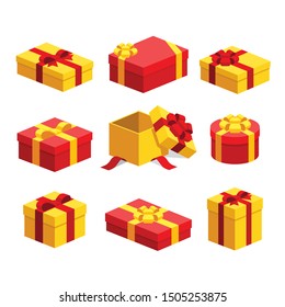 9 various presents / gift boxes group set with colorful red gold ribbon bows flat design collection. Vector isometric illustration icon for interface app ui ux web banner isolated on white background