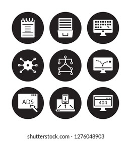 9 vector icon set : Article, Archive, Advertising, advertising Bounce, Algorithm, App, Api, Adaptive Layout isolated on black background
