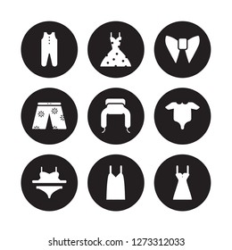 9 vector icon set : baby clothes, vintage dress, Bra & Knicker, Baby Grow, ushanka, butterfly tie, swim shorts, Camisole isolated on black background