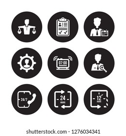 9 vector icon set : Balance in human resources, Approved, 24/7, Administrator, Alarm, Appointment, Appearance, 24 hours isolated on black background