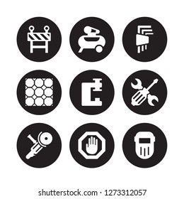 9 vector icon set : Barrier, Air compressor, Angle grinder, Screwdrivers, Vise, Hex key, Paver, Stopping isolated on black background