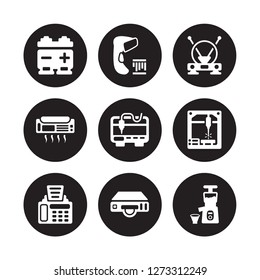 9 vector icon set : Battery, Barcode scanner, Fax Machine, Laser 3d printer, Antenna, Air conditioner, DVD Player isolated on black background