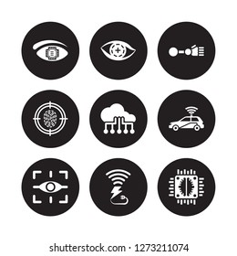 9 vector icon set : Bionic eye, contact lens, Augmented reality, Autonomous car, Big data, arm, Biometrics, Wireless charging isolated on black background