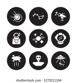9 vector icon set : Black hole, Big dipper, Asteroid, astranaut helmet, Astrology, Astronomy, Astronaut, Alien isolated on black background