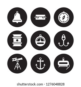 9 vector icon set : Boat Bell, Big Crate, Antique Telescope, Bait, Barometer, Compass, Barrel, Anchor isolated on black background