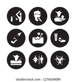 9 vector icon set : body odour, beardy, Wipes, shaving gel, soap bar, baby wipe, ablution, Wc isolated on black background