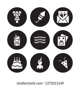 9 vector icon set : Bouquet, birthday rocket, Birthday cake, card, Flag, invitation, girl, boy isolated on black background