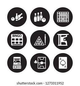 9 vector icon set : Bowling pins, Bowling, Arcade, Arcade game, Billiards, Board games, Bingo, Air hockey isolated on black background