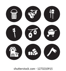 9 vector icon set : Bucket, berry, Barn, Barrow, Beehive, Bird house, Billhook, Bale isolated on black background