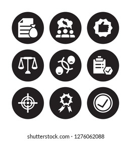 9 vector icon set : Budget, Brainstorm, Aim, Approval, Attitude, Best, Balance, Achievement isolated on black background