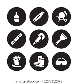 9 vector icon set : builder Brush, Retractable trimming knife, Rammer, Putty Polishers, cement mixers, Plumb rule tool, Rubber Boots isolated on black background