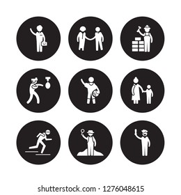 9 vector icon set : Businessman, HR Specialist, athlete, Baby sitter, Basketball player, Builder, Boxer, Archeologist isolated on black background