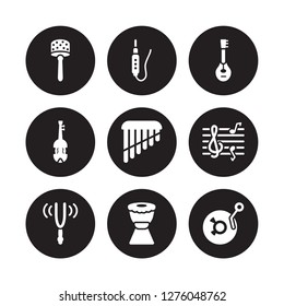 9 vector icon set : Cabasa, Jack, Tuning Fork, Clef, Panpipe, Mandolin, Cello, Djembe isolated on black background