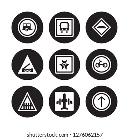 9 vector icon set : Caravan, Bus stop, Barrier, Bicycle, Biological hazard, Bump, Bridge road, Airport isolated on black background