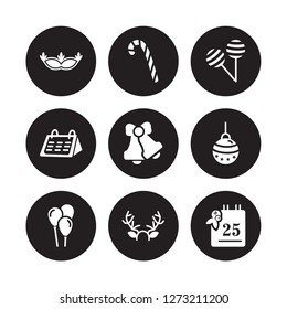 9 vector icon set : Carnival Mask, Candy canes, Balloons, Bauble, Bells, Candy, Calendar, Antlers isolated on black background