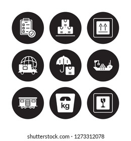 9 vector icon set : Check List, Packages, Cargo Train, Logistic Ship, Umbrella, Side up, Global Logistic, Weight isolated on black background