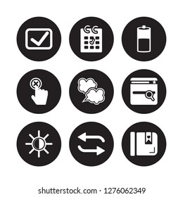 9 vector icon set : Check Square, Check, Brightness, Browser, Bubble speech, Charging status, Cancel, Repeat isolated on black background