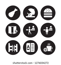 9 vector icon set : Chicken leg, Chicken, Bunk bed, Check in, out, Cheese burger, Checkroom, Wine menu isolated on black background